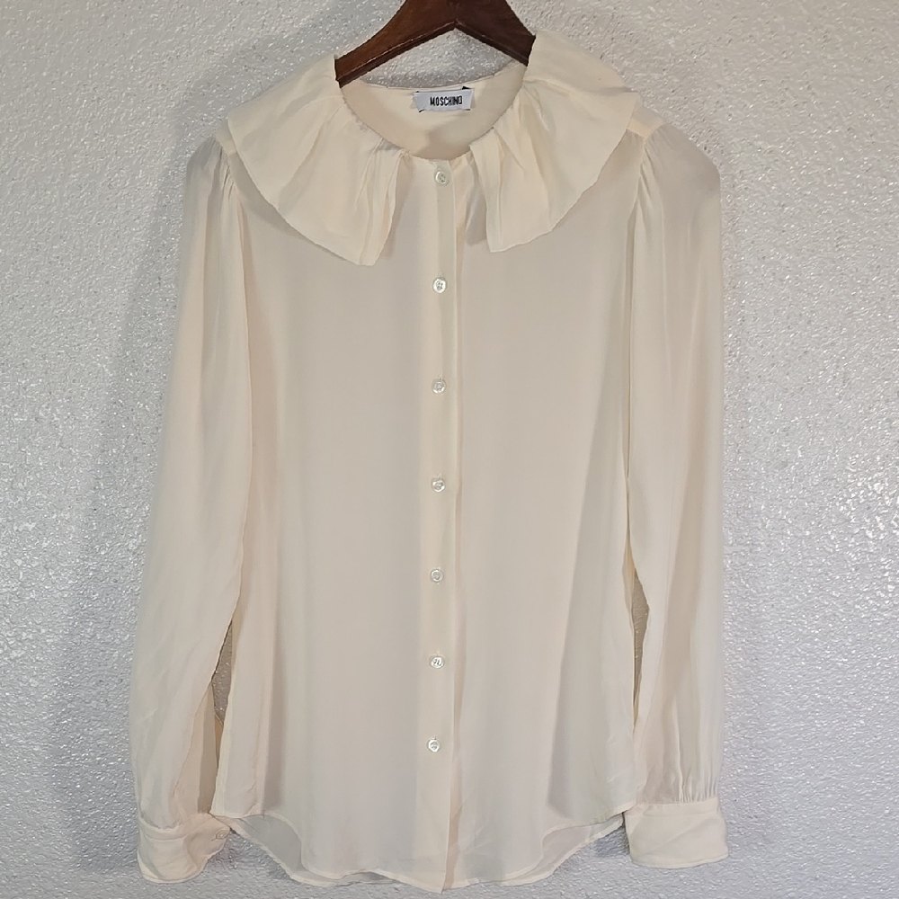 Moschino Silk Cream Button-Up Blouse with Ruffled Collar